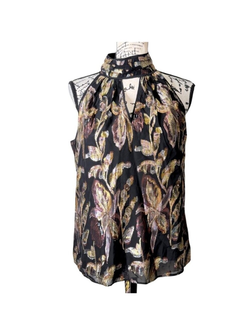 White House Black Market Sz S Lurex Blouse Sleeveless Floral Black Metallic NEW